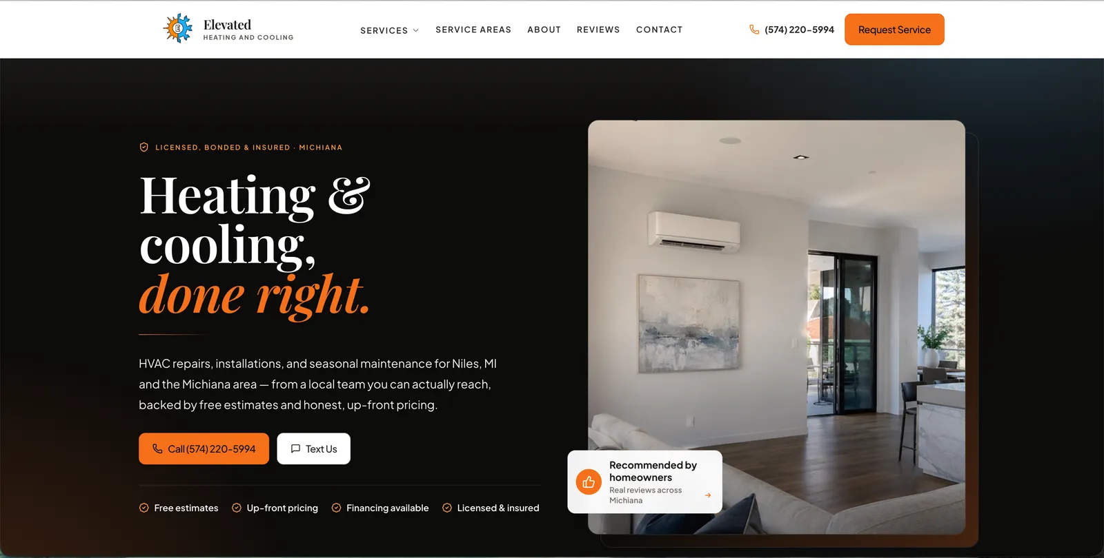 Elevated Heating and Cooling website built by Dudeck Digital