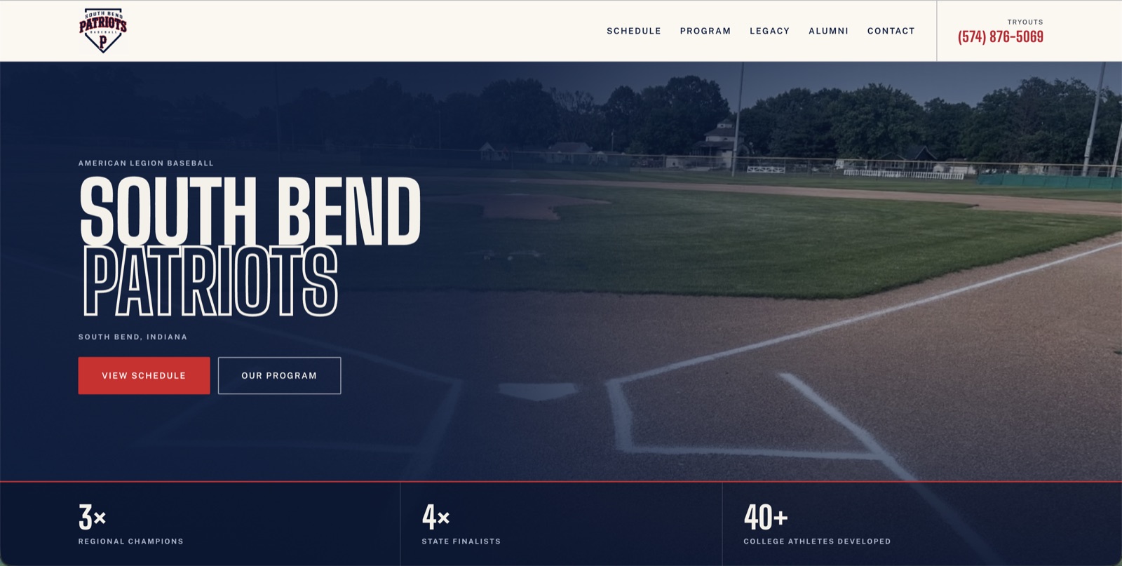 South Bend Patriots Baseball website designed by Dudeck Digital