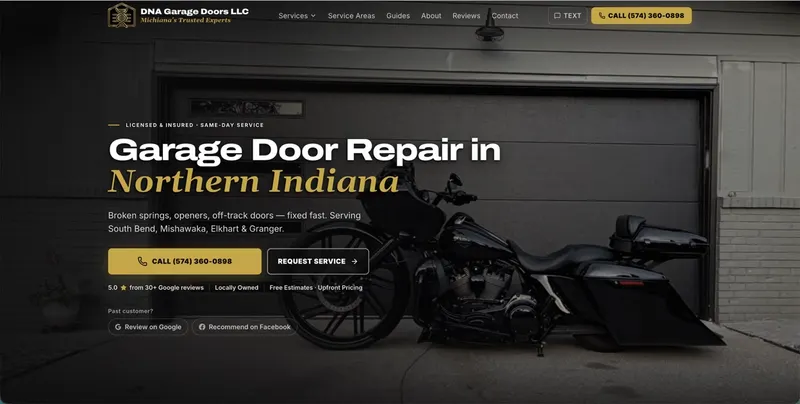DNA Garage Doors LLC website, designed and built by Dudeck Digital