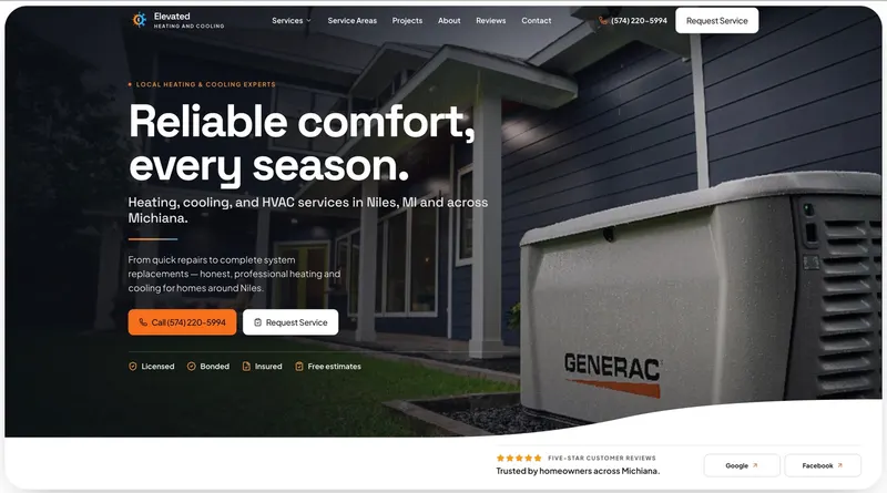 Elevated Heating and Cooling LLC website, designed and built by Dudeck Digital