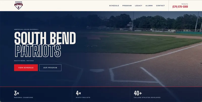 South Bend Patriots Baseball website, designed and built by Dudeck Digital
